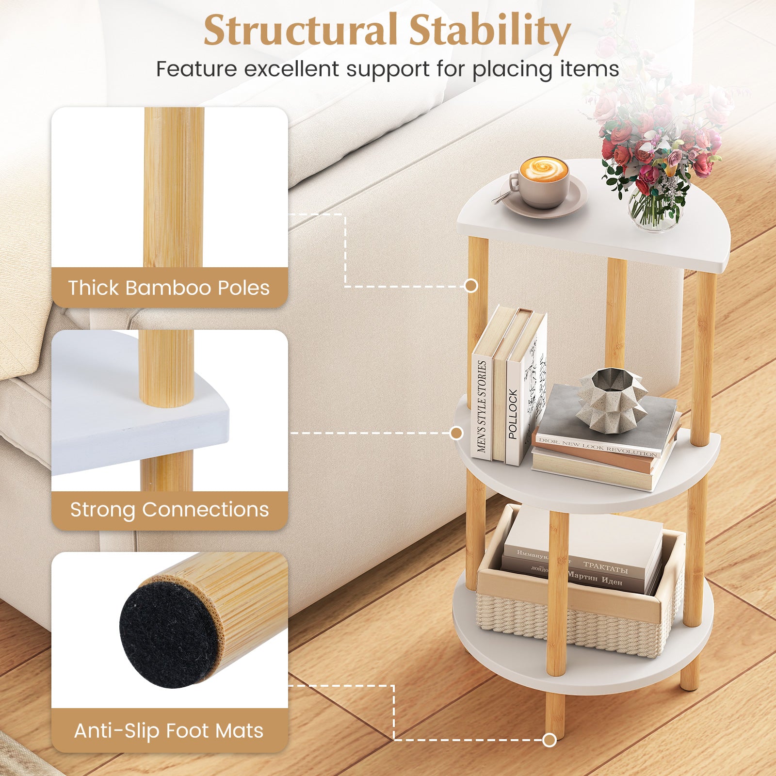 Set of 2 Round Side Table Compact with 3-Tier Shelves and Bamboo Construction, White End & Side Tables at Gallery Canada