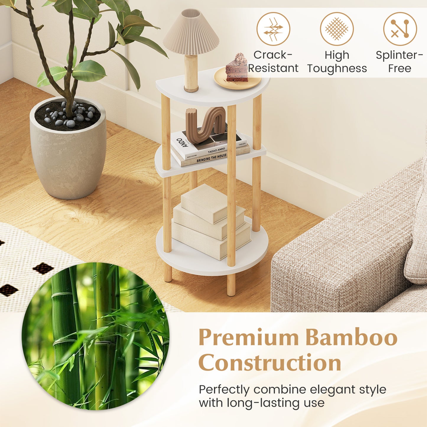 Set of 2 Round Side Table Compact with 3-Tier Shelves and Bamboo Construction, White End & Side Tables at Gallery Canada