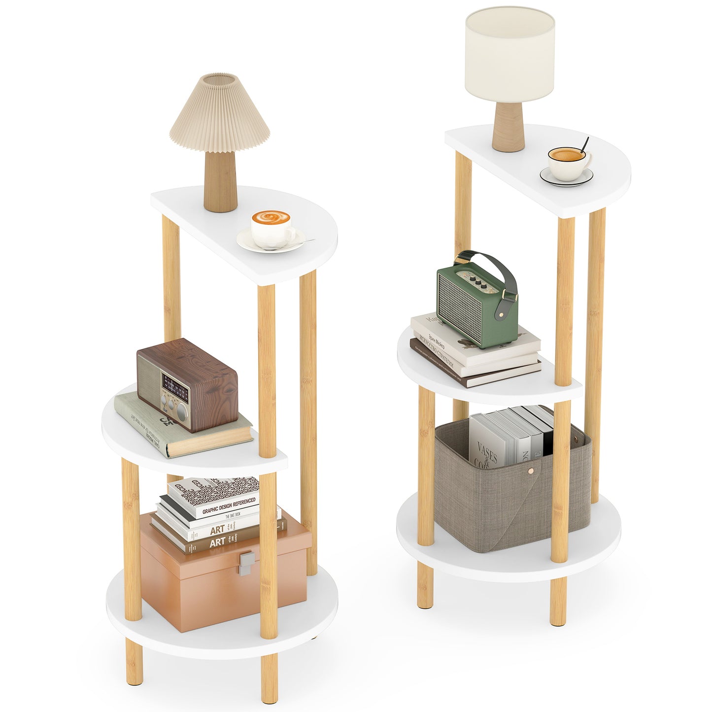 Set of 2 Round Side Table Compact with 3-Tier Shelves and Bamboo Construction, White End & Side Tables White at Gallery Canada