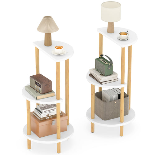 Set of 2 Round Side Table Compact with 3-Tier Shelves and Bamboo Construction, White
