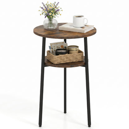 Ensemble de 2 tables d'appoint rondes avec étagère de rangement, brun rustique