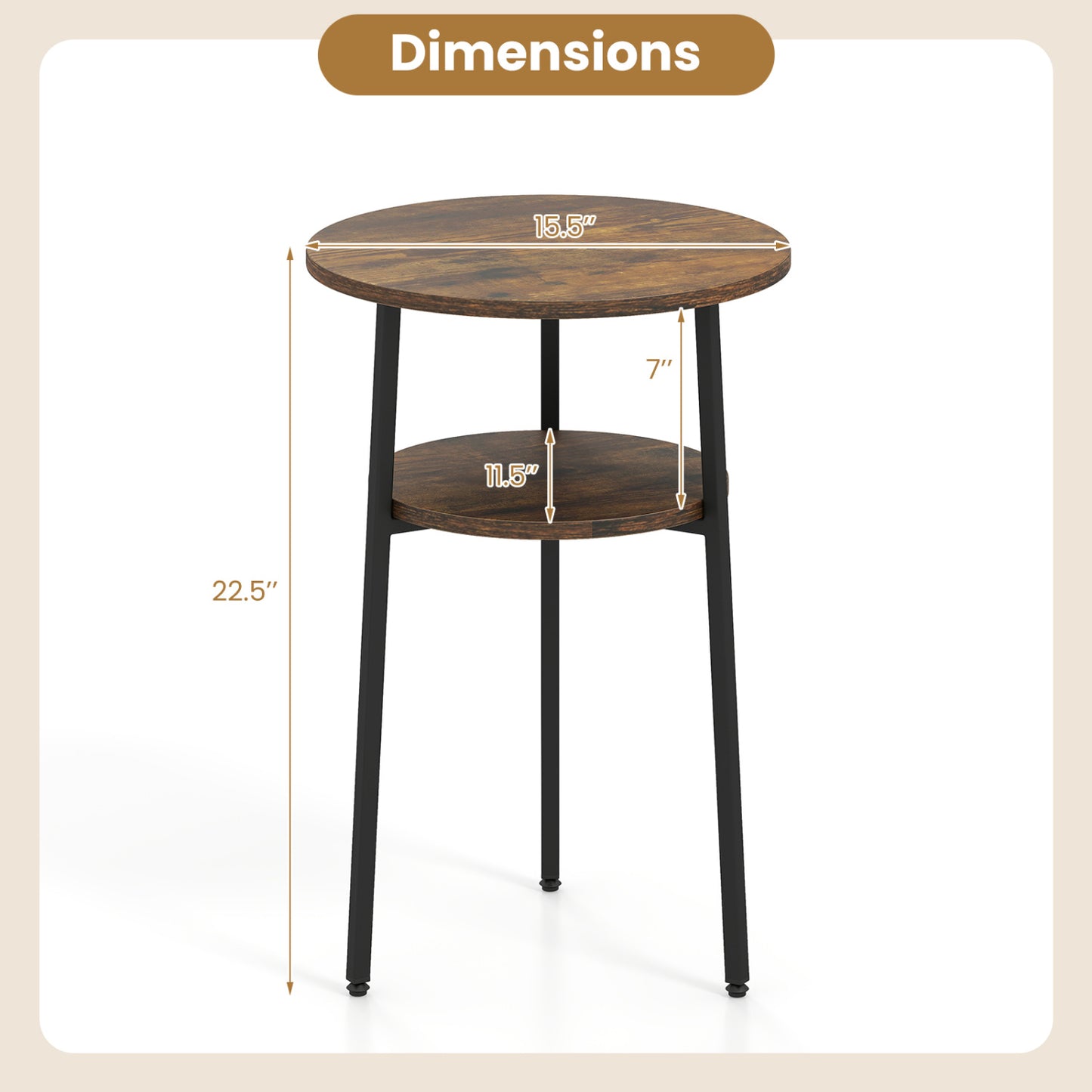 Ensemble de 2 tables d'appoint rondes avec étagère de rangement, brun rustique