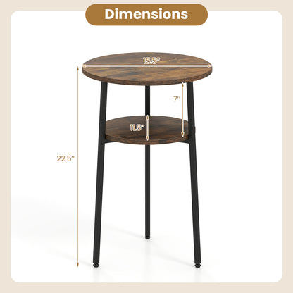 Ensemble de 2 tables d'appoint rondes avec étagère de rangement, brun rustique