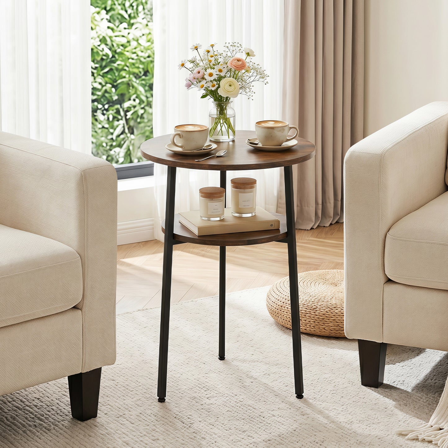 Ensemble de 2 tables d'appoint rondes avec étagère de rangement, brun rustique