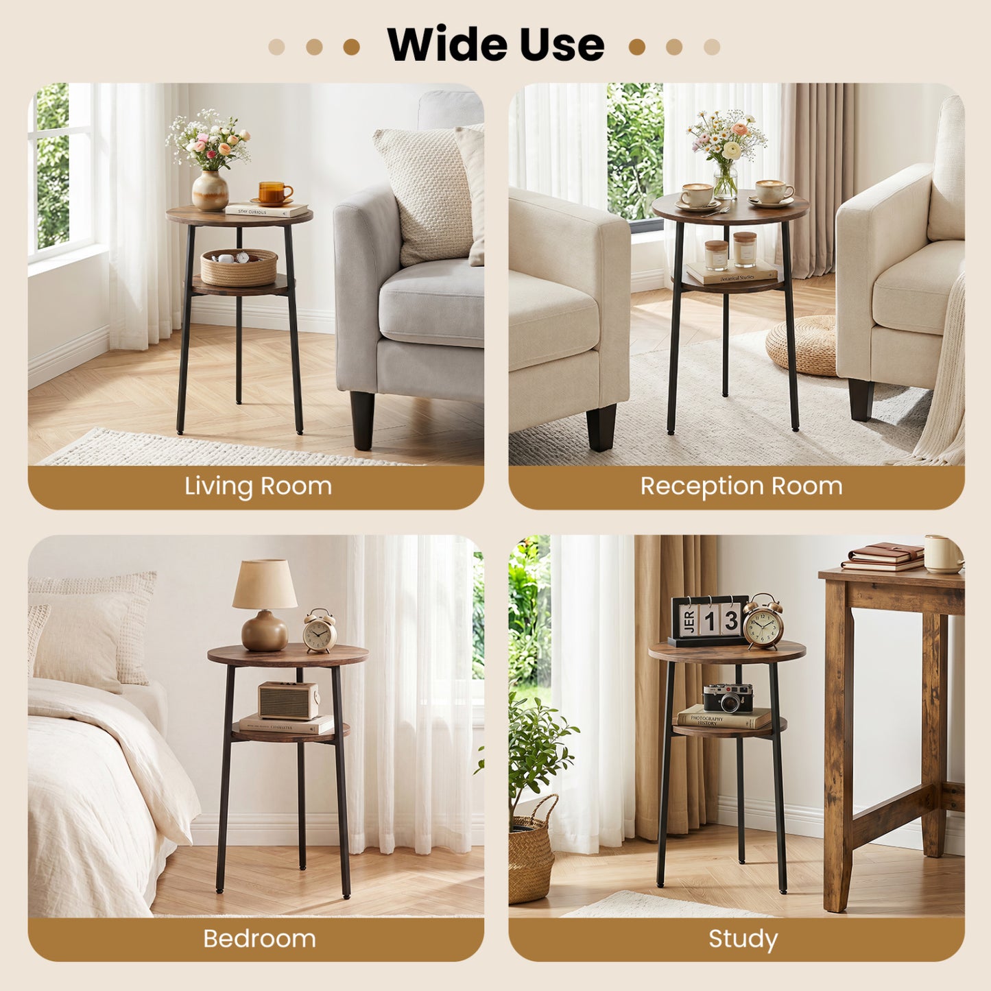 Ensemble de 2 tables d'appoint rondes avec étagère de rangement, brun rustique