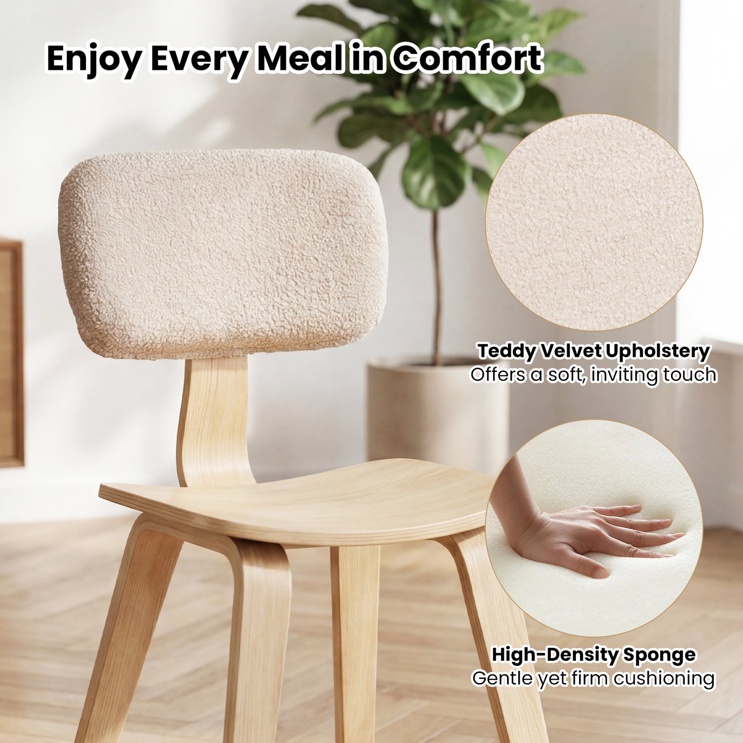 Set of 2 Rubber Wood Dining Chairs, Teddy Velvet Backrest, Natural Dining Chairs at Gallery Canada