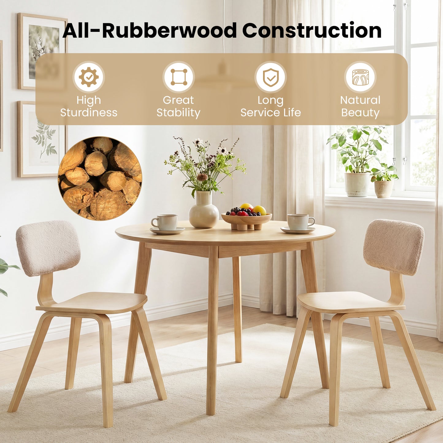 Set of 2 Rubber Wood Dining Chairs, Teddy Velvet Backrest, Natural Dining Chairs at Gallery Canada