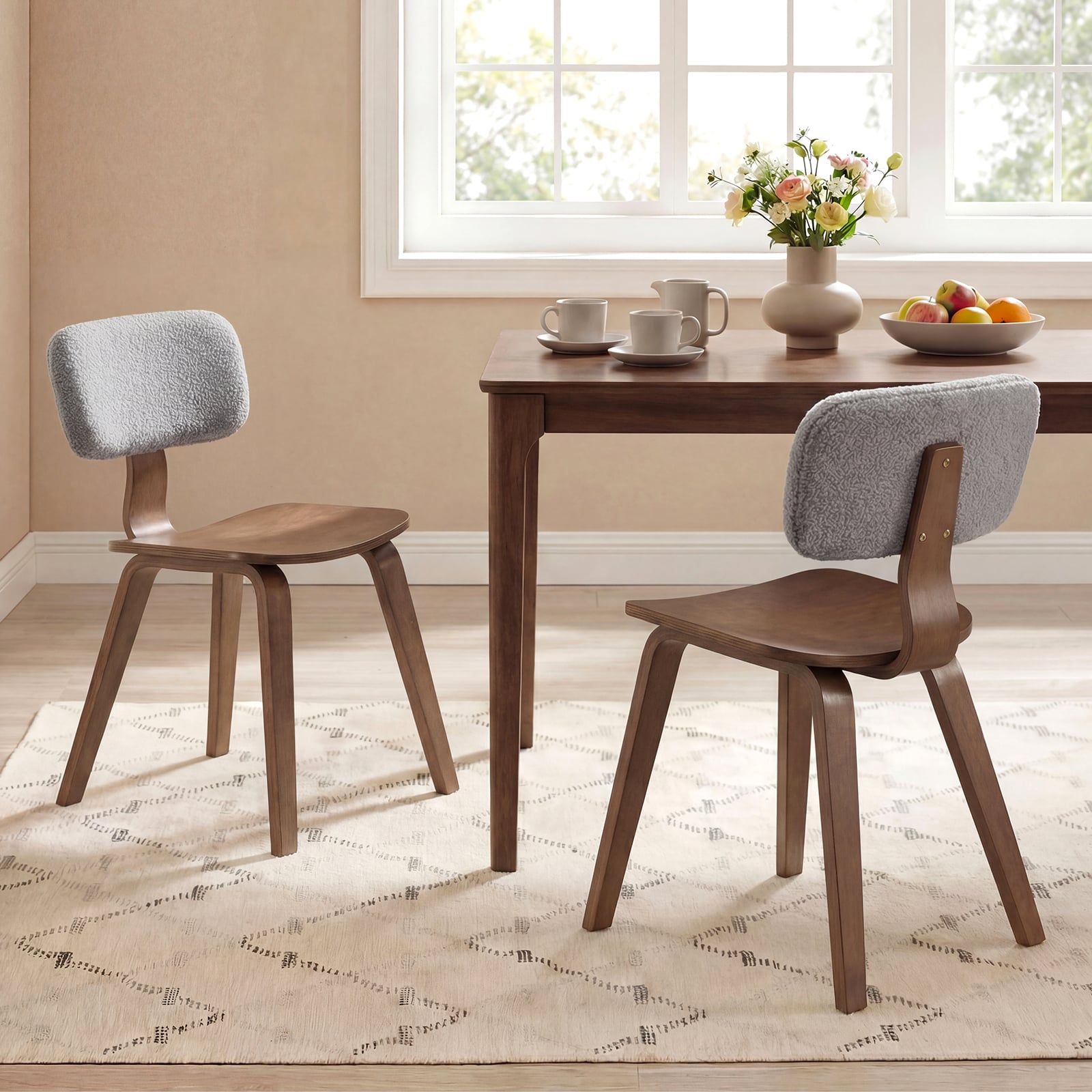 Rubber Wood Dining Chairs, Teddy Velvet Backrest, Set of 2, Walnut Dining Chairs at Gallery Canada