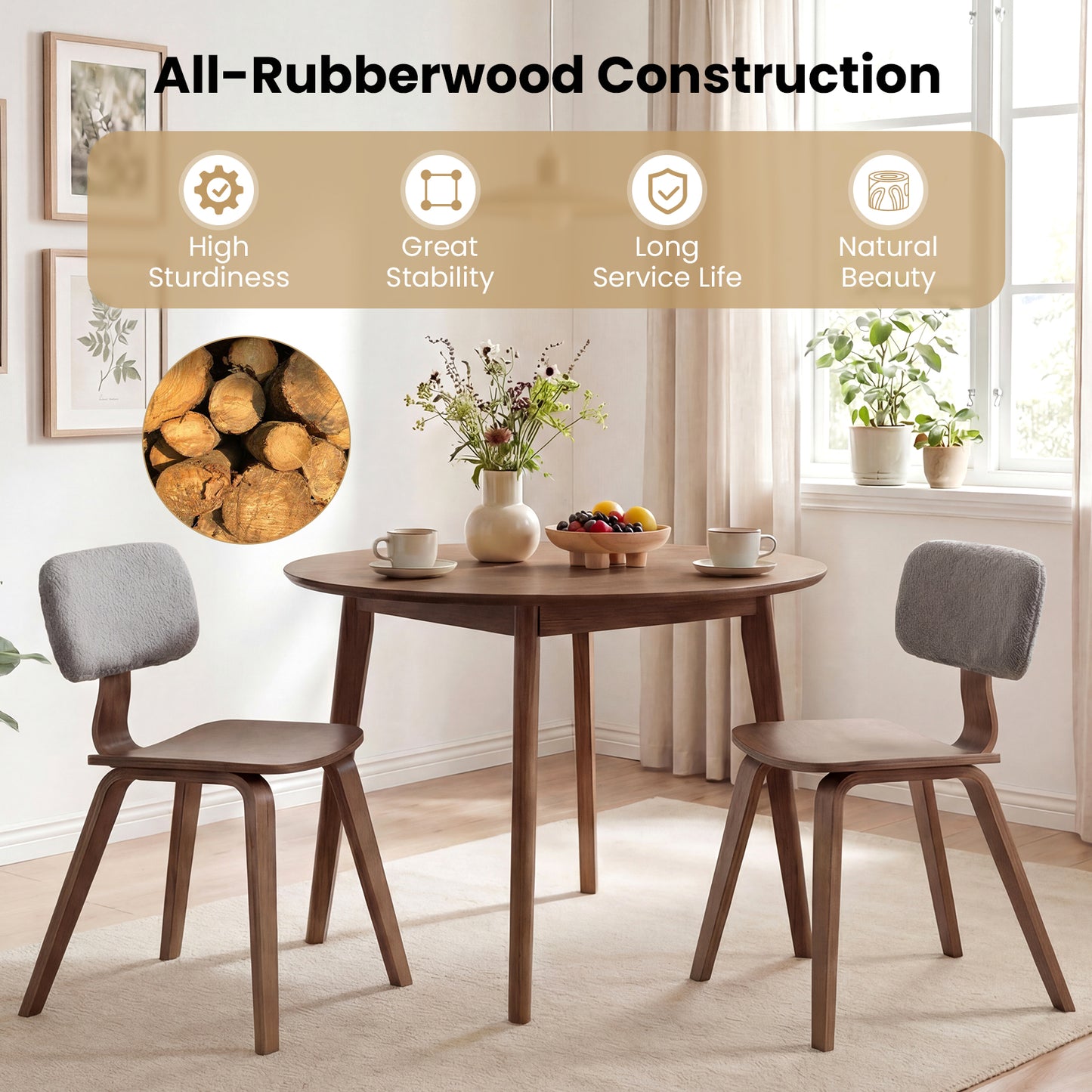 Rubber Wood Dining Chairs, Teddy Velvet Backrest, Set of 2, Walnut Dining Chairs at Gallery Canada