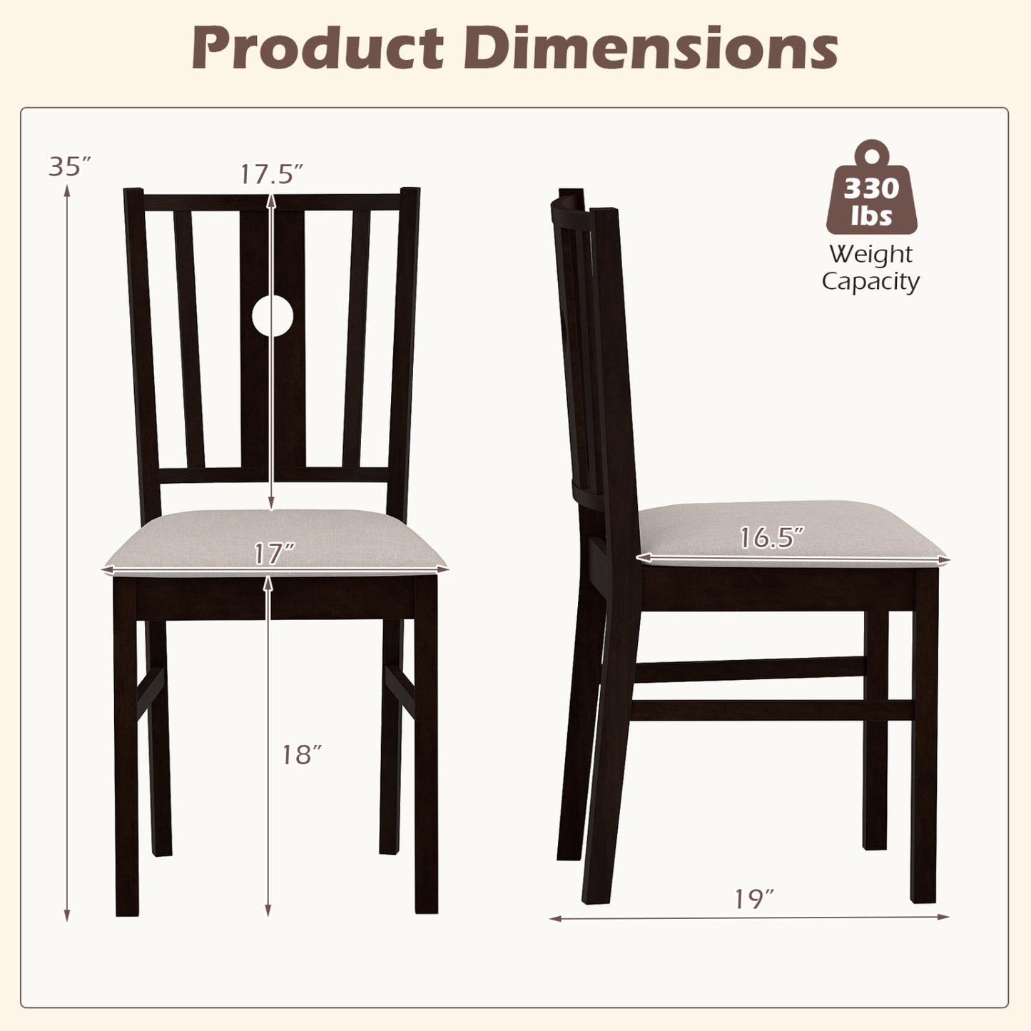 Set of 2 Rubber Wood Kitchen Chairs with Fabric Padded Seat , Coffee Dining Chairs at Gallery Canada