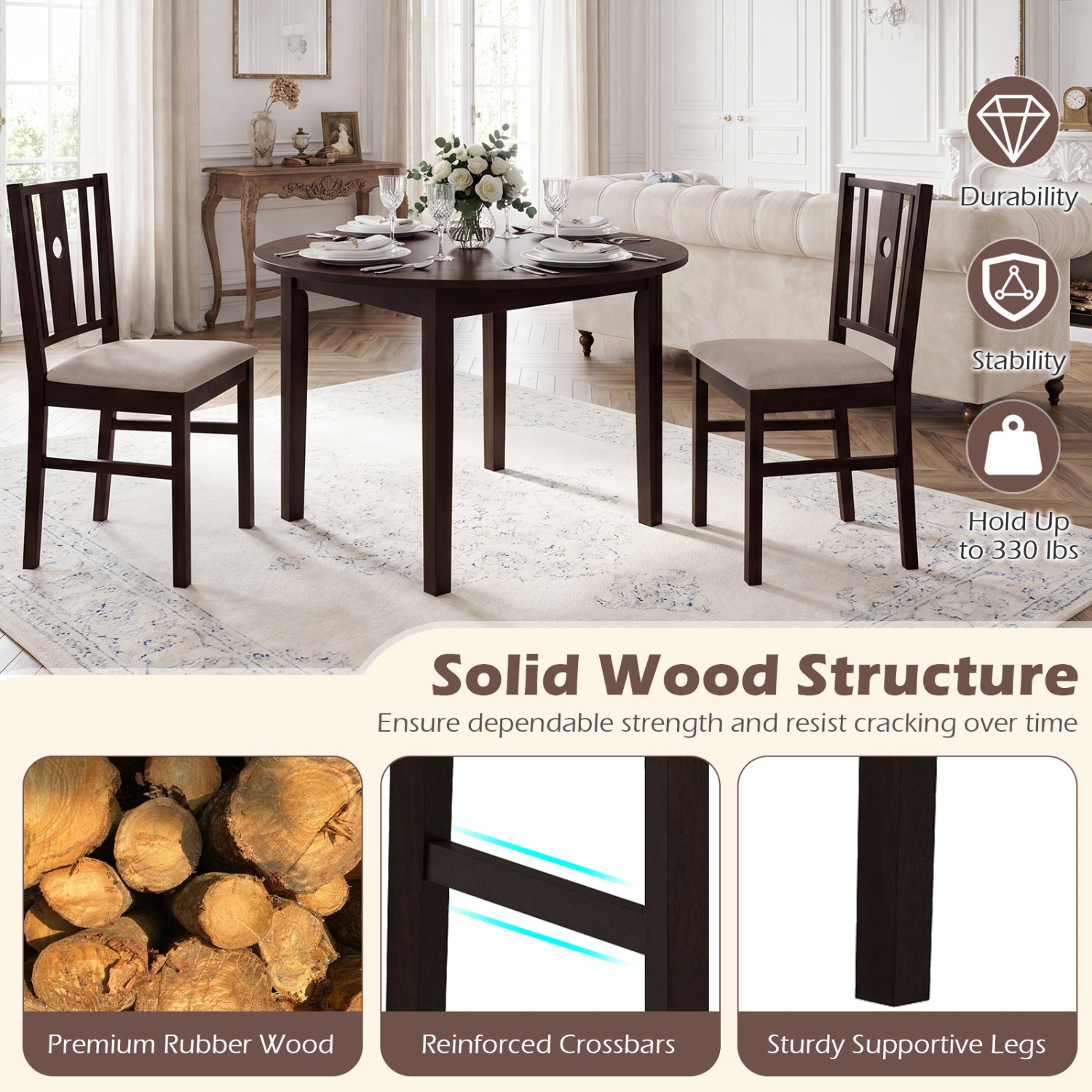 Set of 2 Rubber Wood Kitchen Chairs with Fabric Padded Seat , Coffee Dining Chairs at Gallery Canada