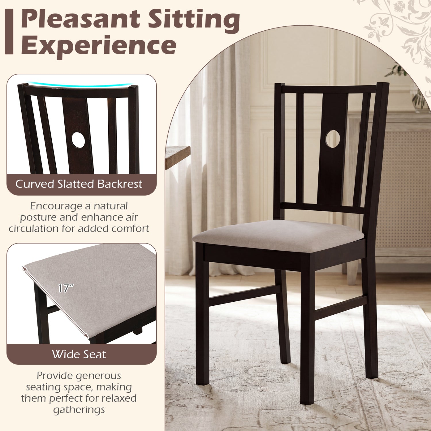Set of 2 Rubber Wood Kitchen Chairs with Fabric Padded Seat , Coffee Dining Chairs at Gallery Canada