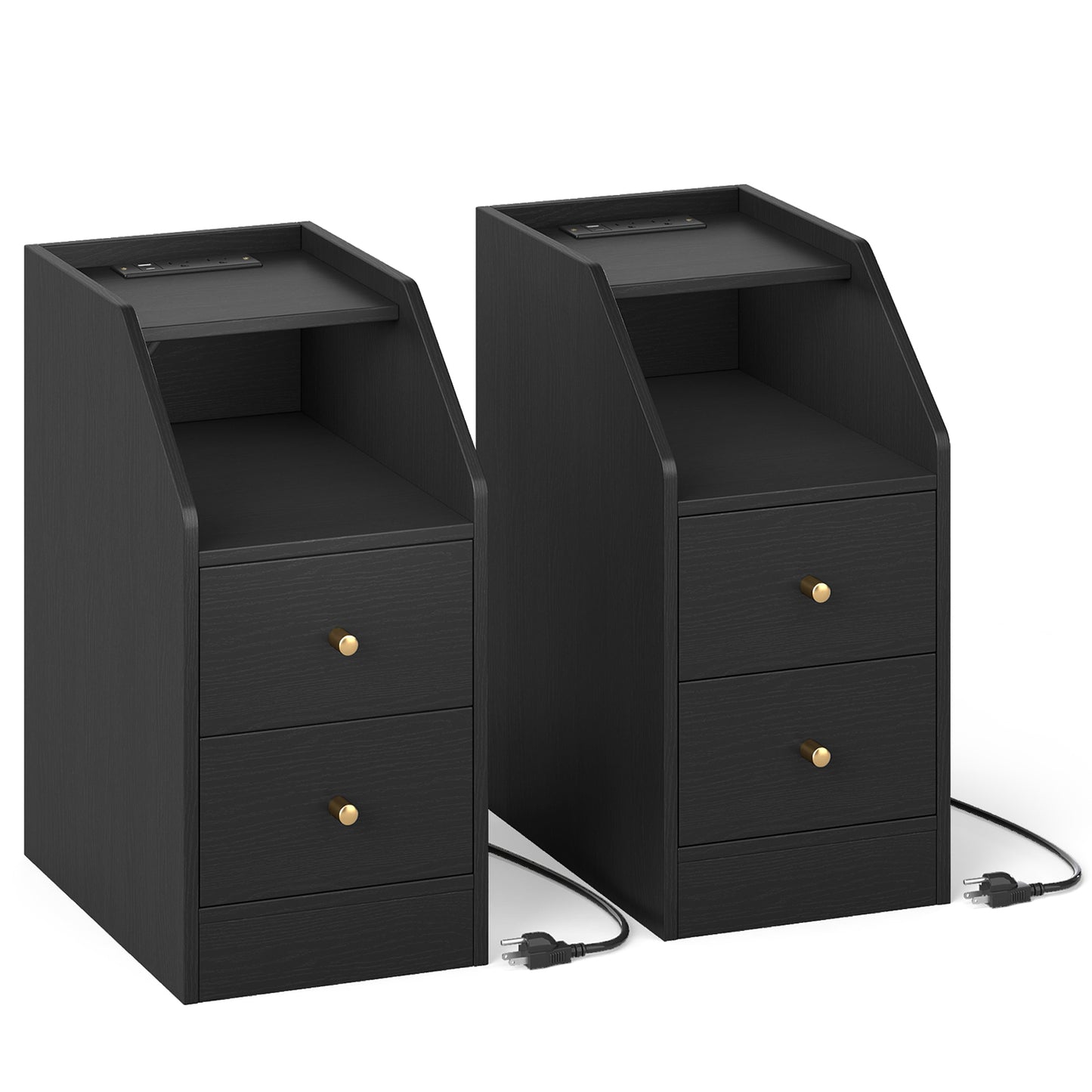 Set of 2 Side End Tables with Charging Station Sofa Couch Tables with Shelf Drawers, Black