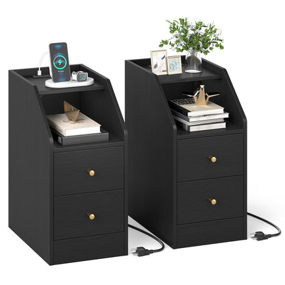 Set of 2 Side End Tables with Charging Station Sofa Couch Tables with Shelf Drawers, Black End & Side Tables at Gallery Canada