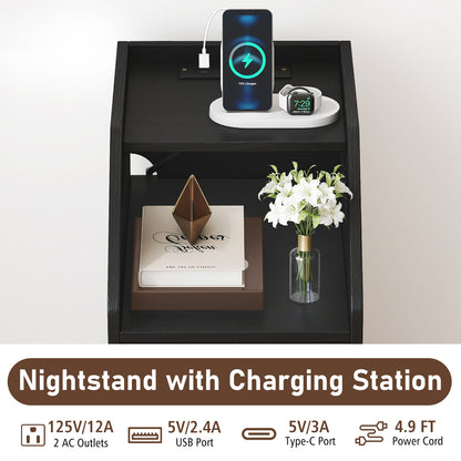 Set of 2 Side End Tables with Charging Station Sofa Couch Tables with Shelf Drawers, Black