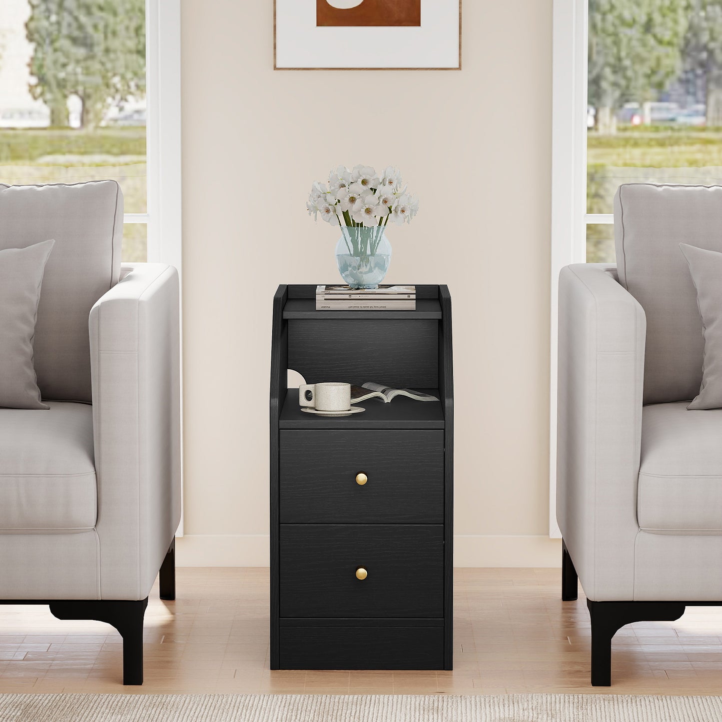 Set of 2 Side End Tables with Charging Station Sofa Couch Tables with Shelf Drawers, Black