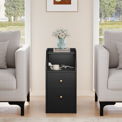 Set of 2 Side End Tables with Charging Station Sofa Couch Tables with Shelf Drawers, Black