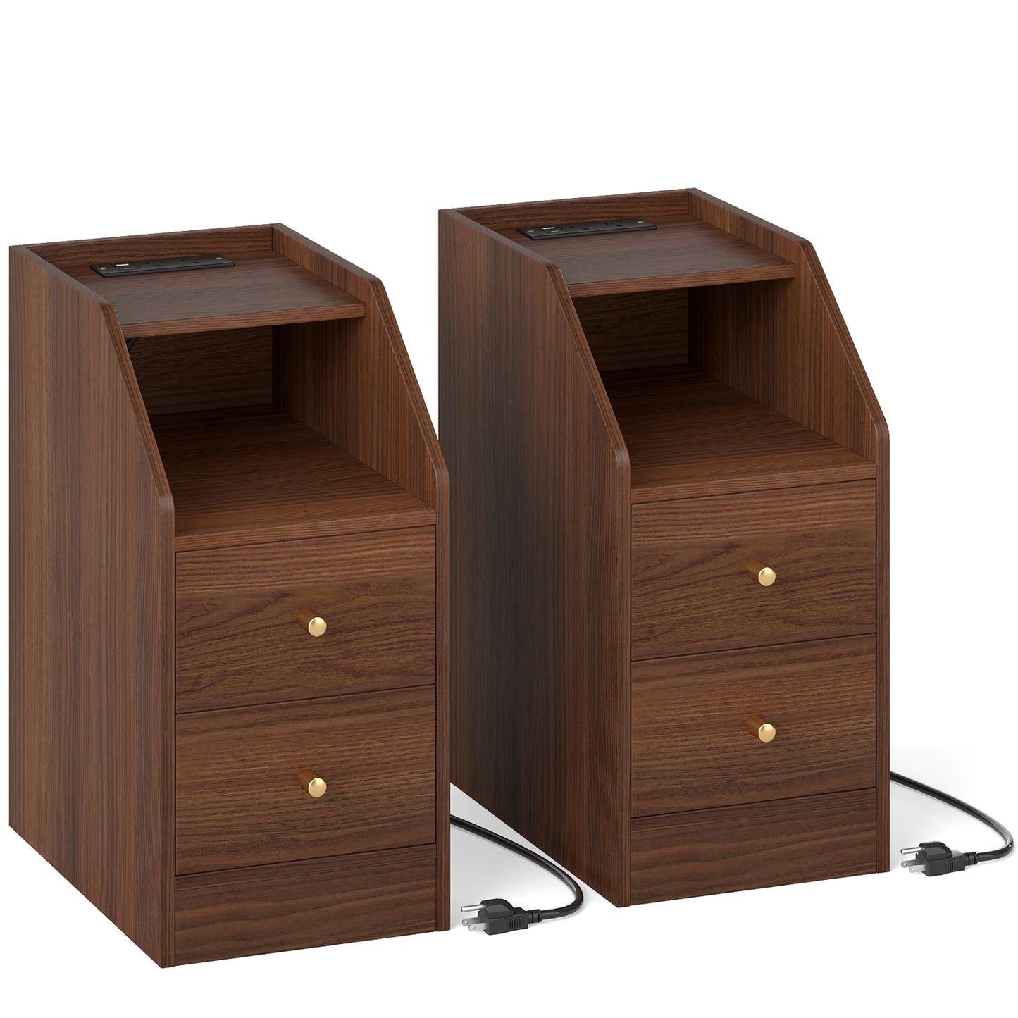 Set of 2 Side End Tables with Charging Station Sofa Couch Tables with Shelf Drawers, Walnut