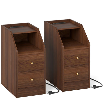 Set of 2 Side End Tables with Charging Station Sofa Couch Tables with Shelf Drawers, Walnut