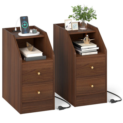 Set of 2 Side End Tables with Charging Station Sofa Couch Tables with Shelf Drawers, Walnut