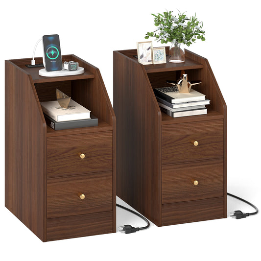 Set of 2 Side End Tables with Charging Station Sofa Couch Tables with Shelf Drawers, Walnut