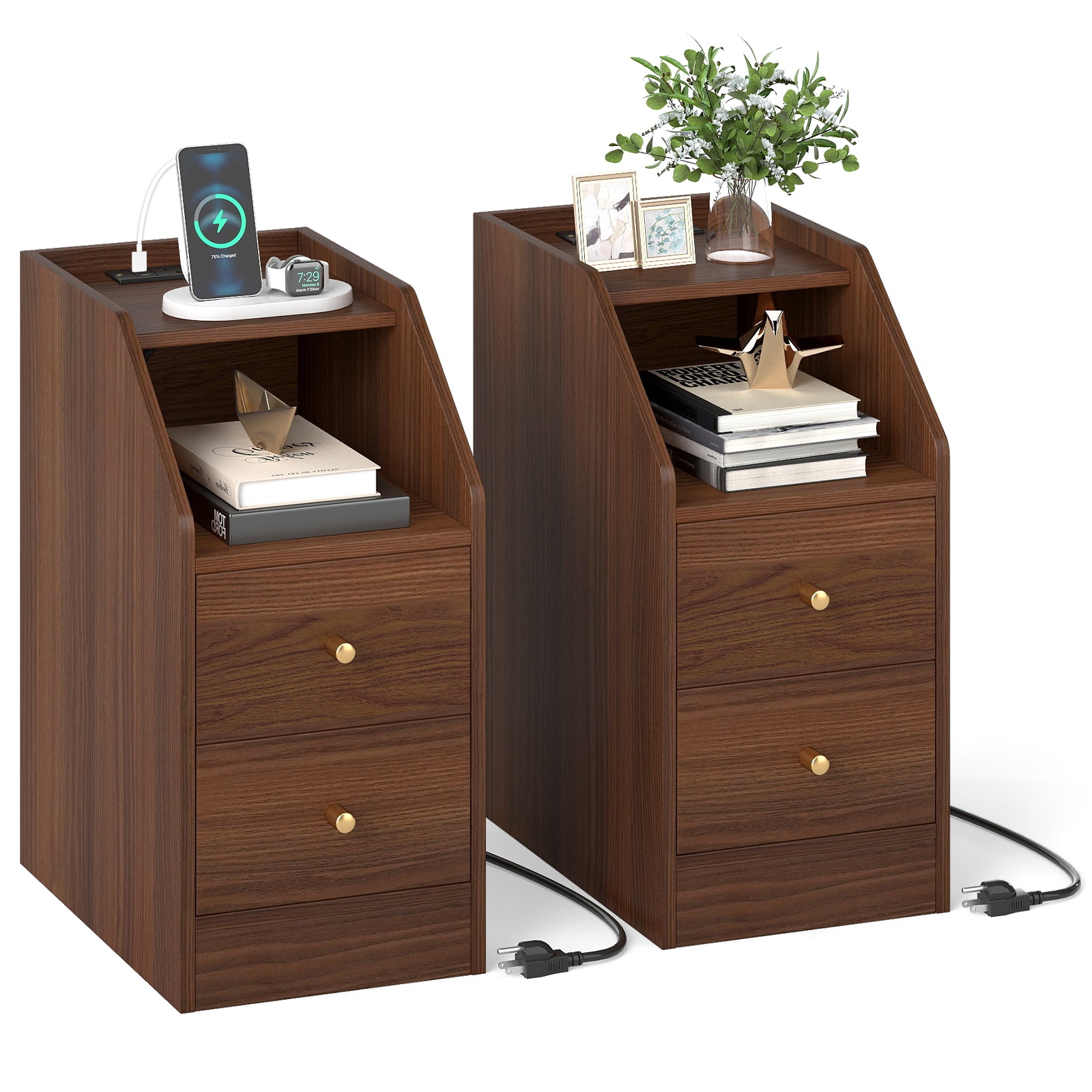 Set of 2 Side End Tables with Charging Station Sofa Couch Tables with Shelf Drawers, Walnut End & Side Tables at Gallery Canada