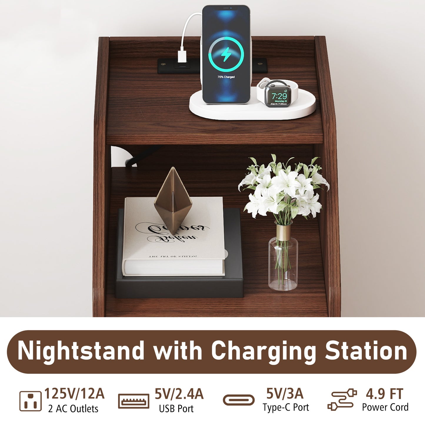 Set of 2 Side End Tables with Charging Station Sofa Couch Tables with Shelf Drawers, Walnut