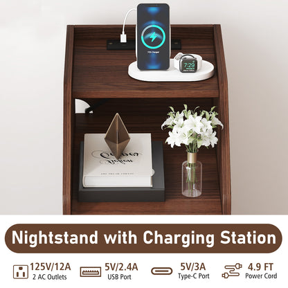 Set of 2 Side End Tables with Charging Station Sofa Couch Tables with Shelf Drawers, Walnut