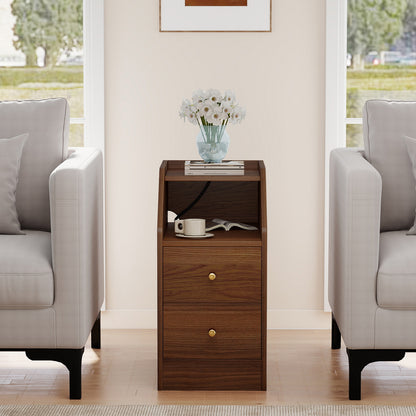 Set of 2 Side End Tables with Charging Station Sofa Couch Tables with Shelf Drawers, Walnut