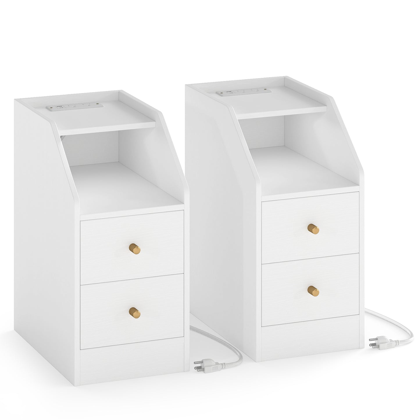 Set of 2 Side End Tables with Charging Station Sofa Couch Tables with Shelf Drawers, White