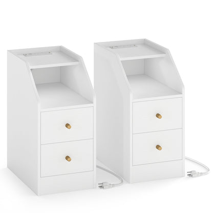 Set of 2 Side End Tables with Charging Station Sofa Couch Tables with Shelf Drawers, White