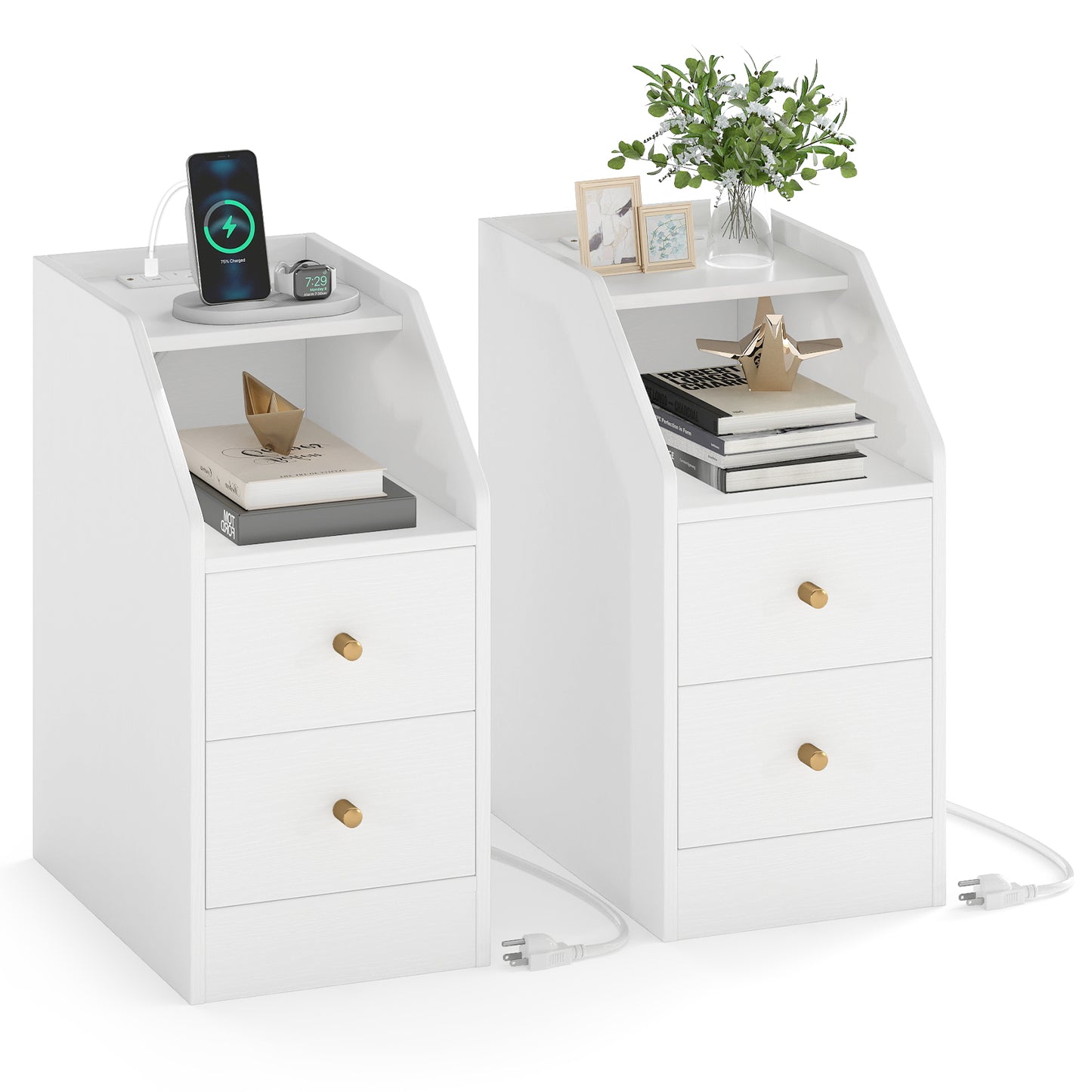 Set of 2 Side End Tables with Charging Station Sofa Couch Tables with Shelf Drawers, White
