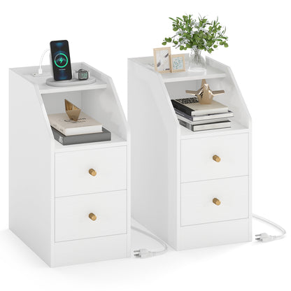 Set of 2 Side End Tables with Charging Station Sofa Couch Tables with Shelf Drawers, White