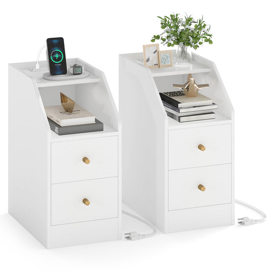 Set of 2 Side End Tables with Charging Station Sofa Couch Tables with Shelf Drawers, White