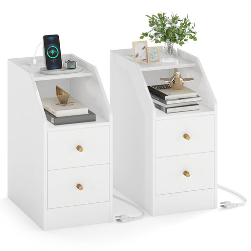 Set of 2 Side End Tables with Charging Station Sofa Couch Tables with Shelf Drawers, White