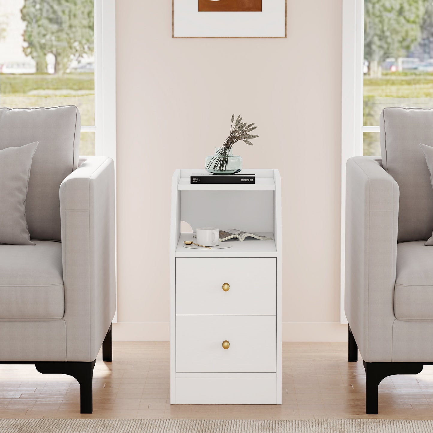 Set of 2 Side End Tables with Charging Station Sofa Couch Tables with Shelf Drawers, White