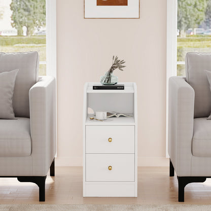 Set of 2 Side End Tables with Charging Station Sofa Couch Tables with Shelf Drawers, White