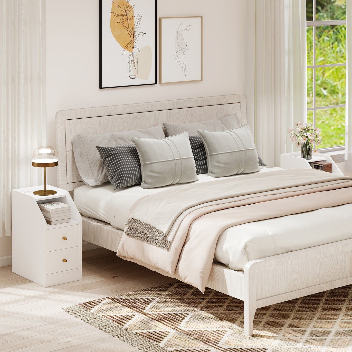 Set of 2 Side End Tables with Charging Station Sofa Couch Tables with Shelf Drawers, White