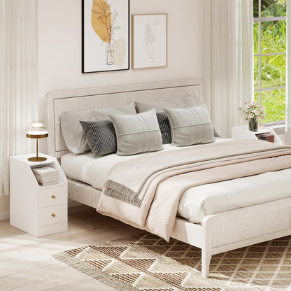 Set of 2 Side End Tables with Charging Station Sofa Couch Tables with Shelf Drawers, White