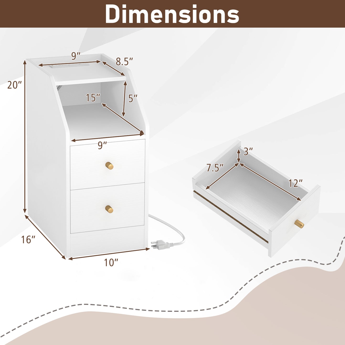 Set of 2 Side End Tables with Charging Station Sofa Couch Tables with Shelf Drawers, White