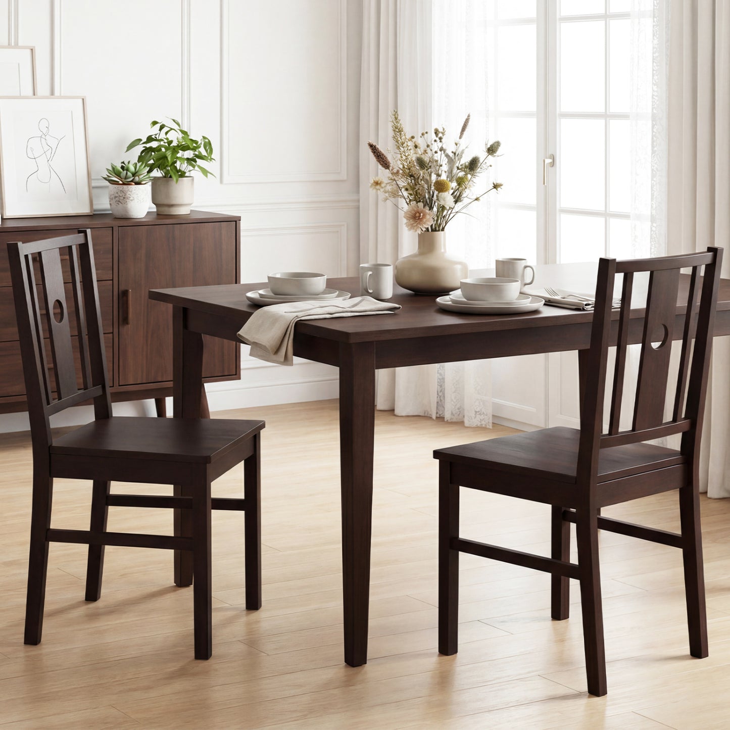 Set of 2 Solid Rubber Wood Kitchen Chairs with Slatted Curved Backrest, Coffee Dining Chairs at Gallery Canada