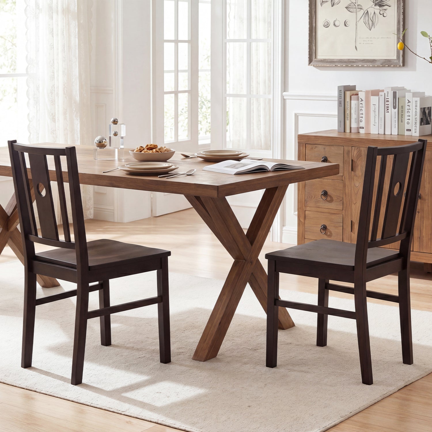 Set of 2 Solid Rubber Wood Kitchen Chairs with Slatted Curved Backrest, Coffee Dining Chairs at Gallery Canada
