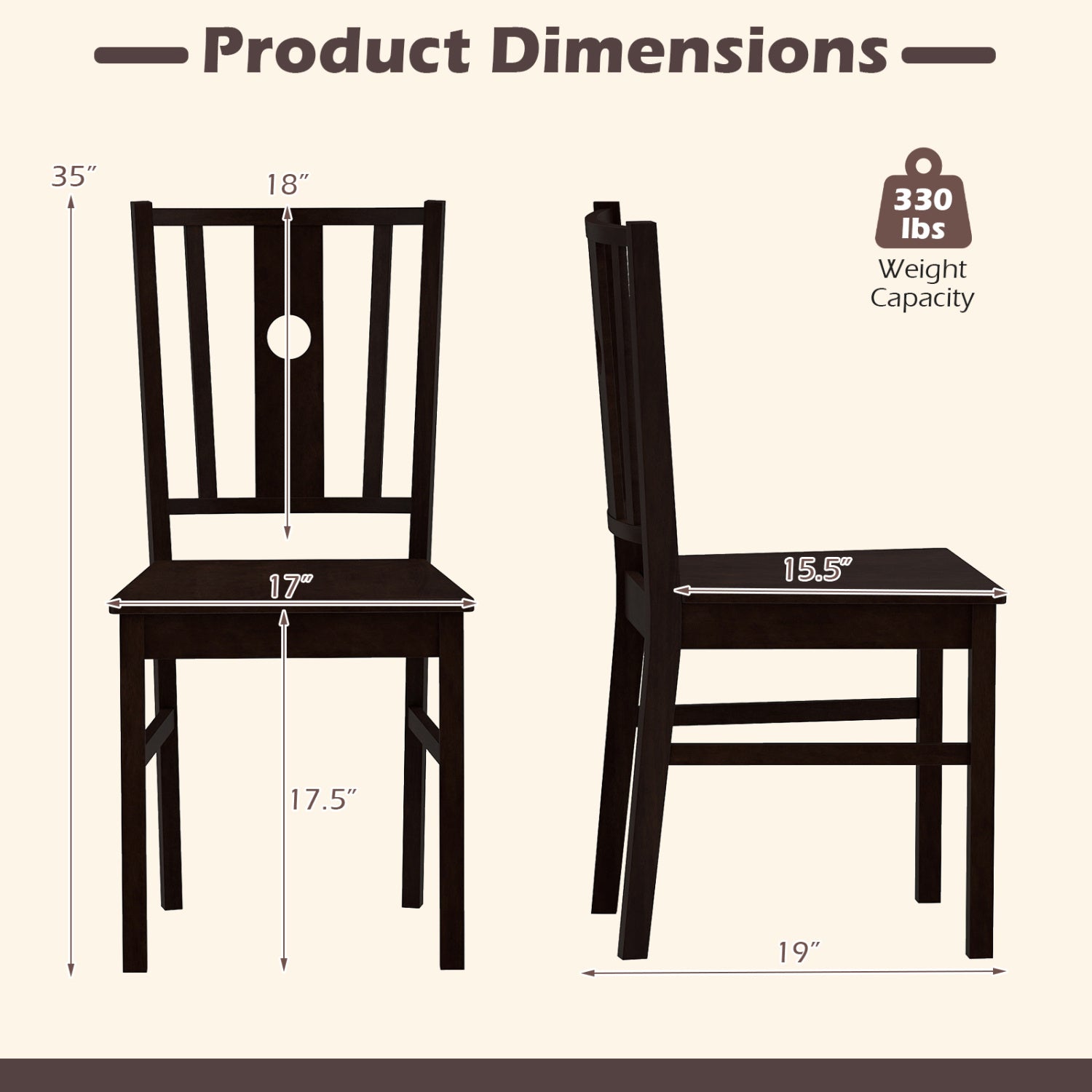 Set of 2 Solid Rubber Wood Kitchen Chairs with Slatted Curved Backrest, Coffee Dining Chairs at Gallery Canada