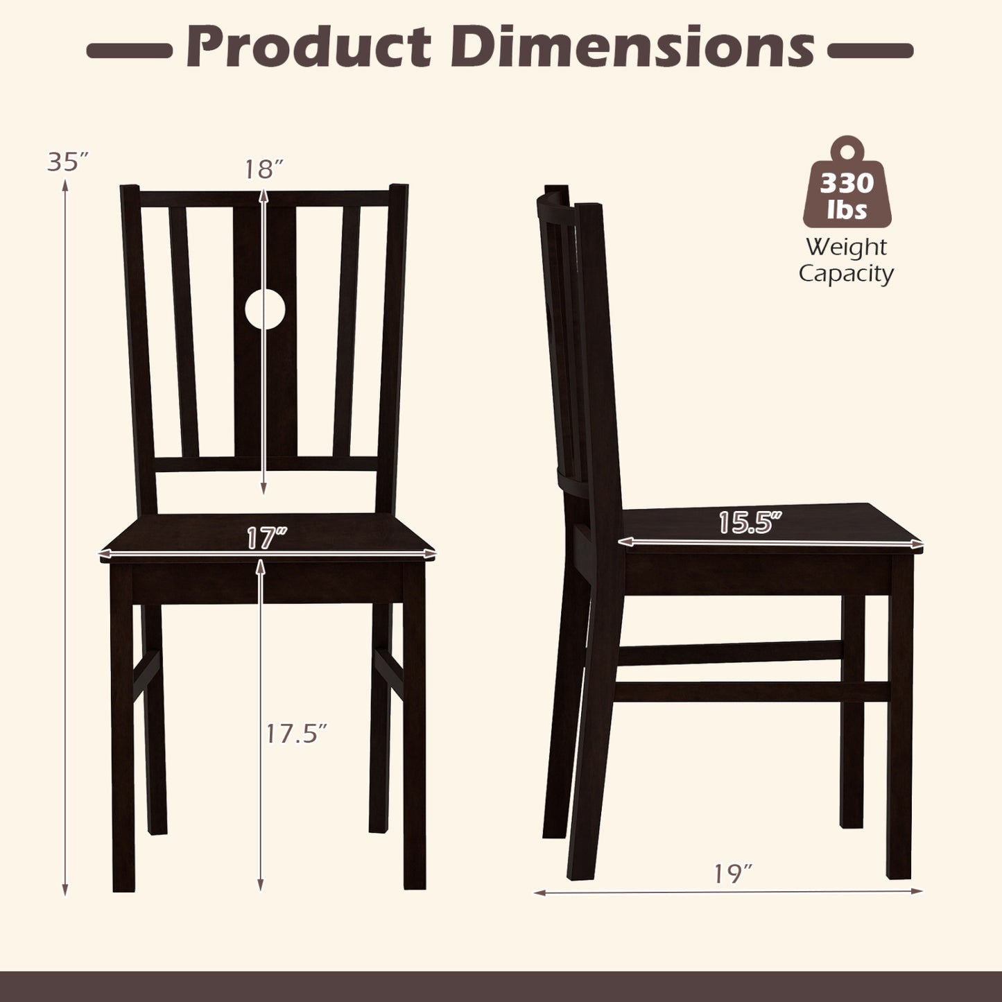 Set of 2 Solid Rubber Wood Kitchen Chairs with Slatted Curved Backrest, Coffee Dining Chairs at Gallery Canada