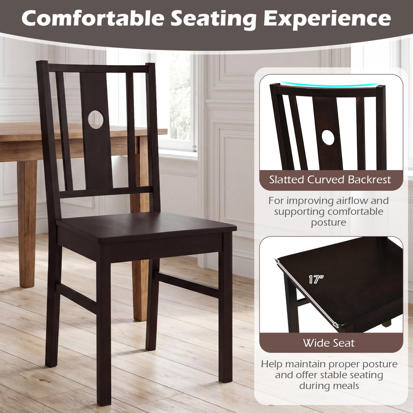 Set of 2 Solid Rubber Wood Kitchen Chairs with Slatted Curved Backrest, Coffee Dining Chairs at Gallery Canada