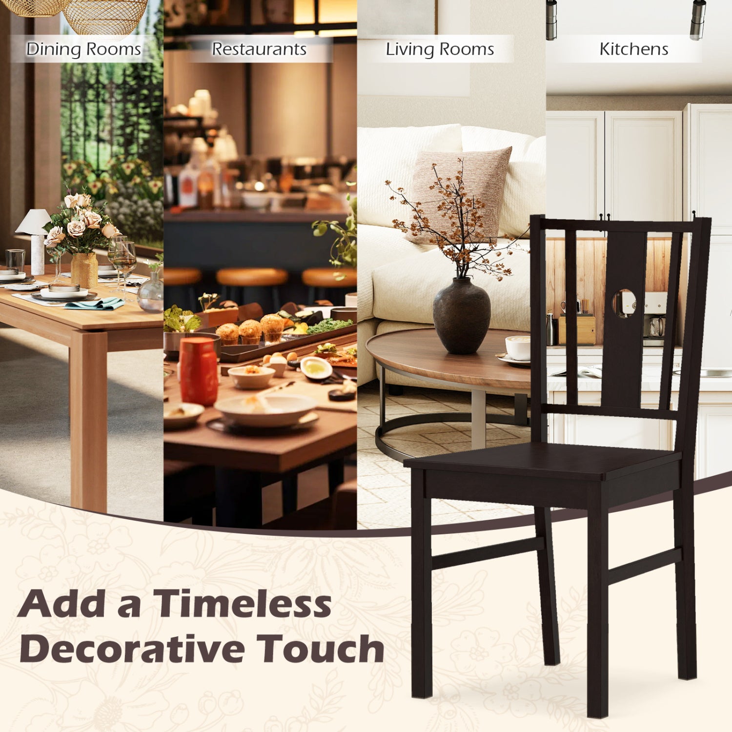 Set of 2 Solid Rubber Wood Kitchen Chairs with Slatted Curved Backrest, Coffee Dining Chairs at Gallery Canada