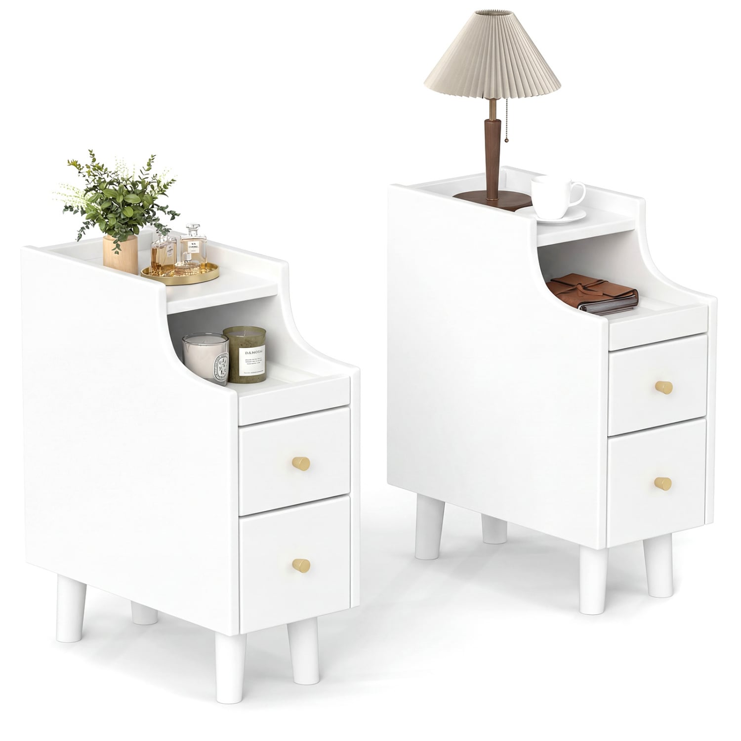 Set Of 2 Solid Wood Nightstand With Pull-out Tray, White Nightstands White at Gallery Canada