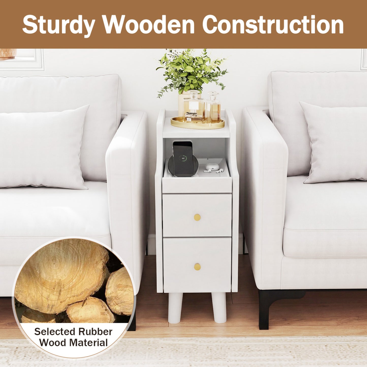 Set Of 2 Solid Wood Nightstand With Pull-out Tray, White Nightstands at Gallery Canada