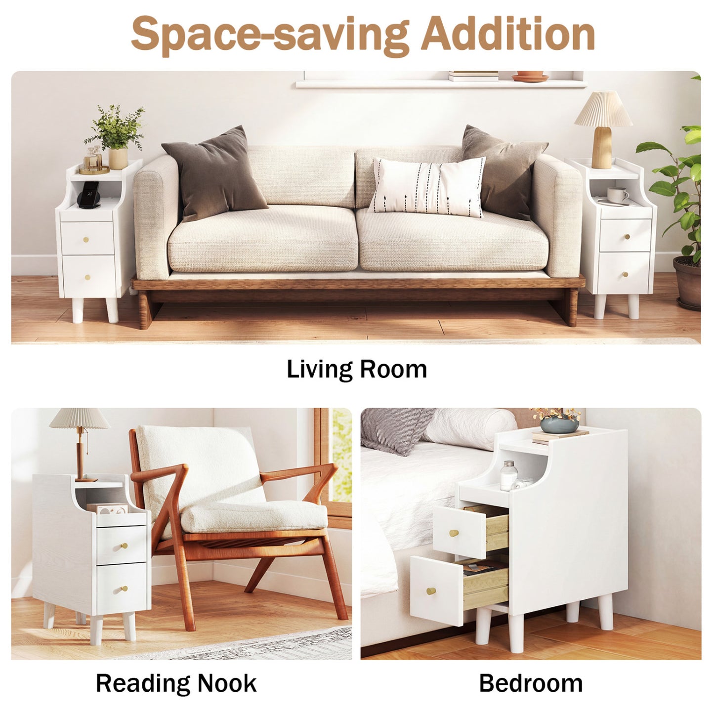 Set Of 2 Solid Wood Nightstand With Pull-out Tray, White Nightstands at Gallery Canada