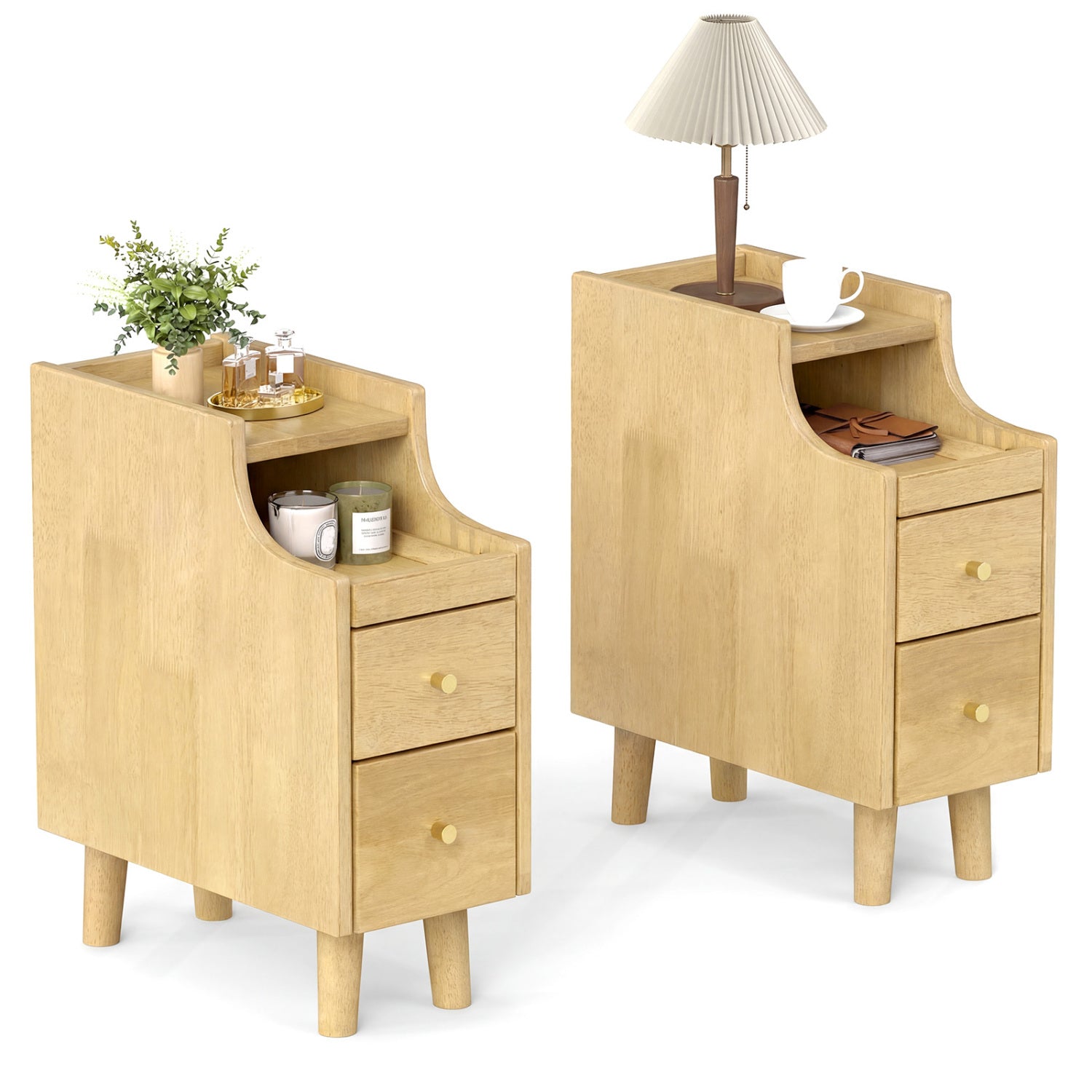 Set of 2 Solid Wood Nightstand with Pull-Out Tray, Drawers, Natural Nightstands Natural at Gallery Canada